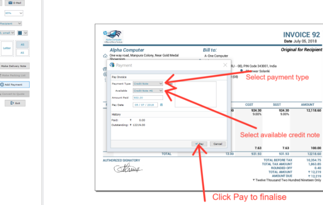 Add a payment with a credit note details
