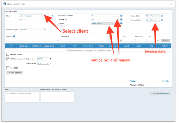 Add client, select invoice number and reason