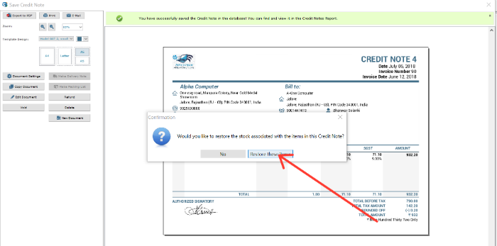 Resore items from credit note