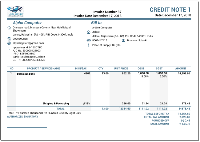 Credit Note Format