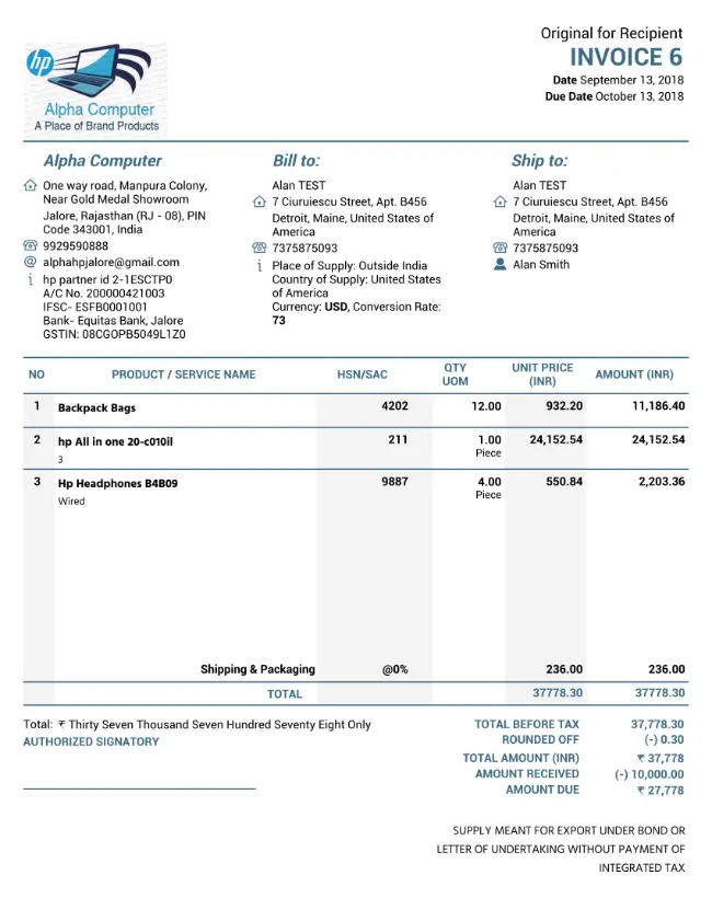 GST Export Invoice